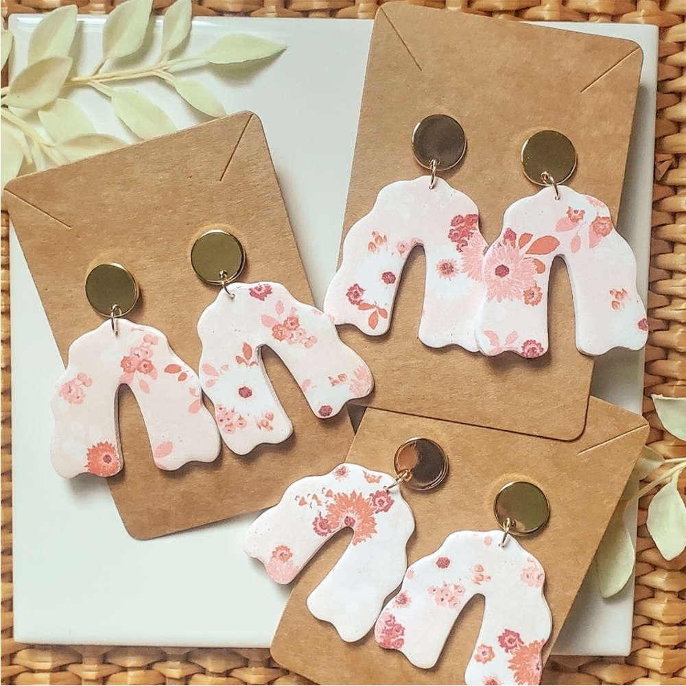 Handmade polymer clay floral orange/coral print earrings gold plated brass posts